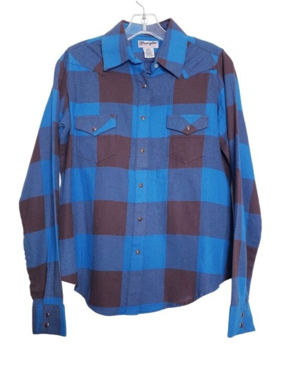 Wrangler Blue Brown Plaid Flannel Pearl Snap Button Down Shirt Womens Size Small